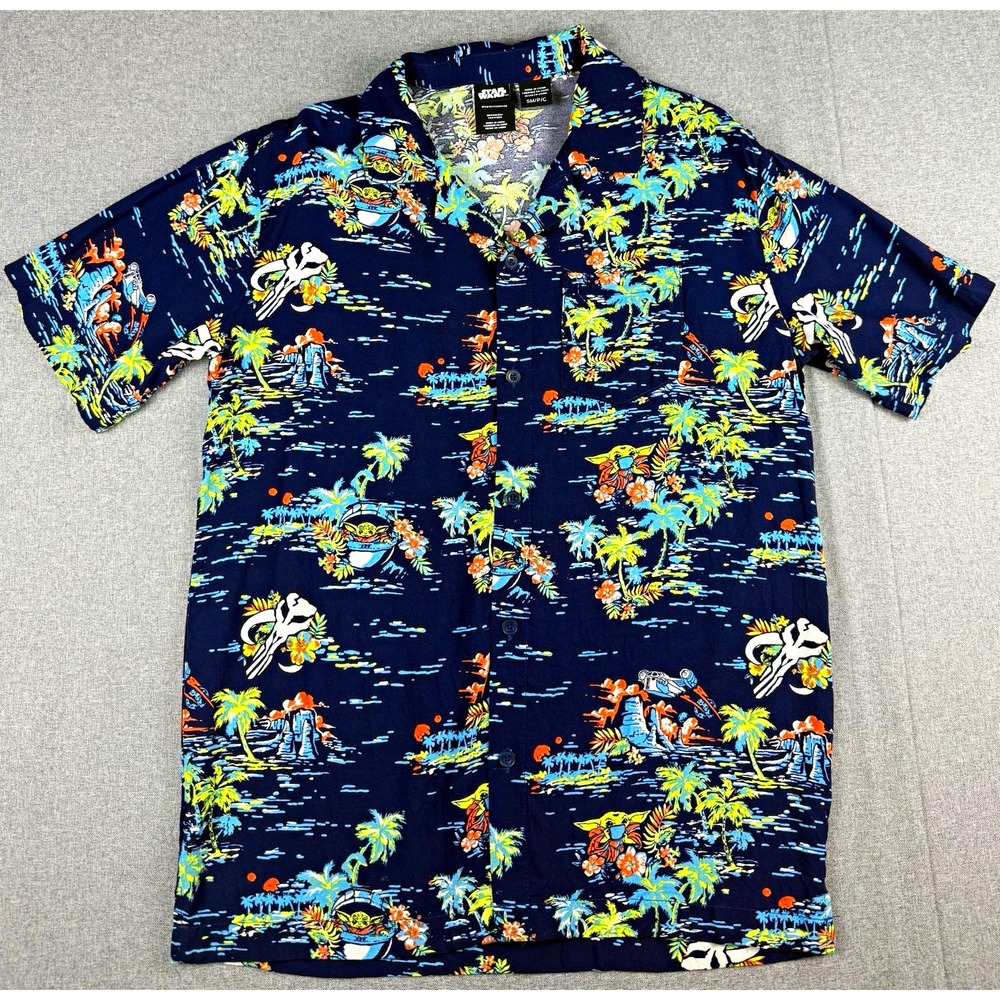 Star Wars Grogu Baby Yoda Hawaiian Camp Shirt Mens Small Blue Button Up Aloha